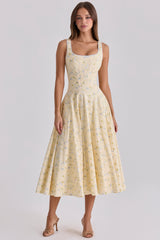 Jaime Lemon Floral Print Cotton Lace Up Midi Sundress