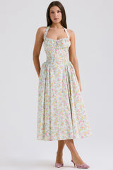 Adabella Pale Blue Meadow Print Cotton Halter Sundress