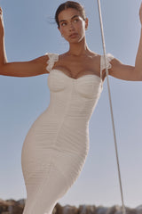 Antonella White Gathered Mesh Maxi Dress