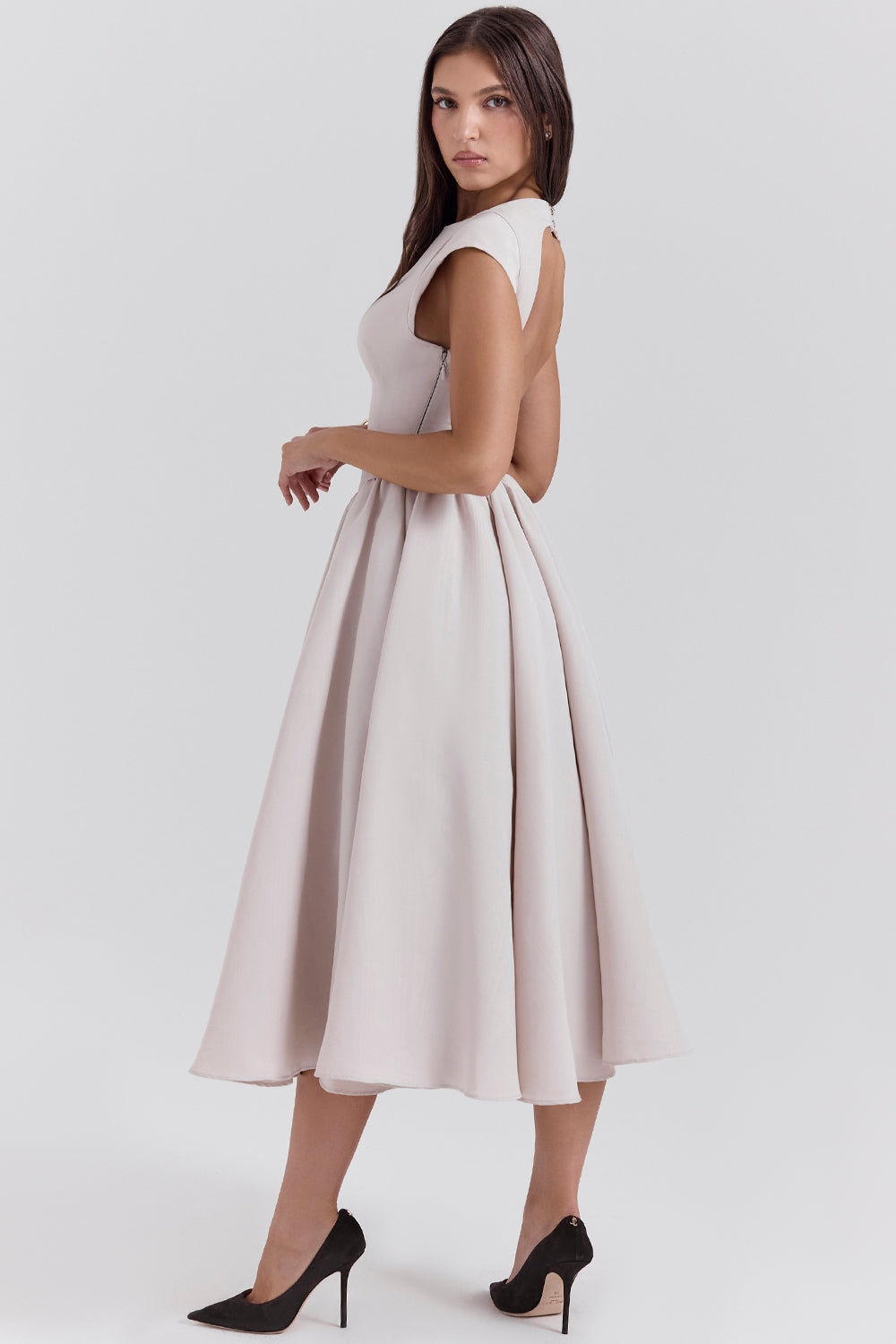 Debutante French Dove Moire Satin Backless Midi Dress
