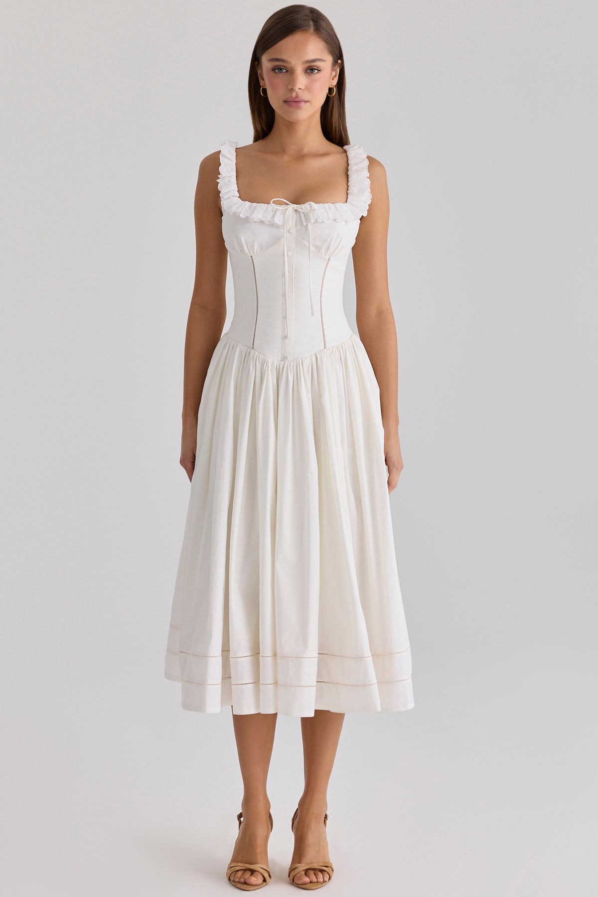 Phoebe White Cotton Broderie Anglaise Trim Midi Dress
