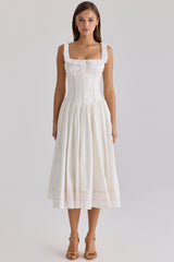 Phoebe White Cotton Broderie Anglaise Trim Midi Dress
