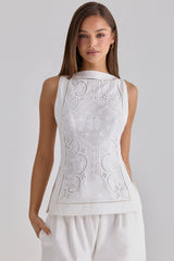 Valencia White Cotton Placement Lace Broderie Anglais Boat Neck Top