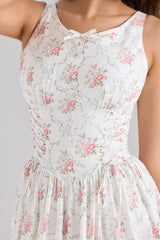 Sienna Rose Print Stretch Cotton Lace Up Midi Dress