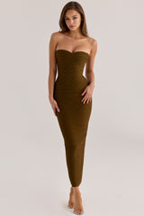 The Sweetheart Olive Shimmer Strapless V Waist Bandage Maxi Dress