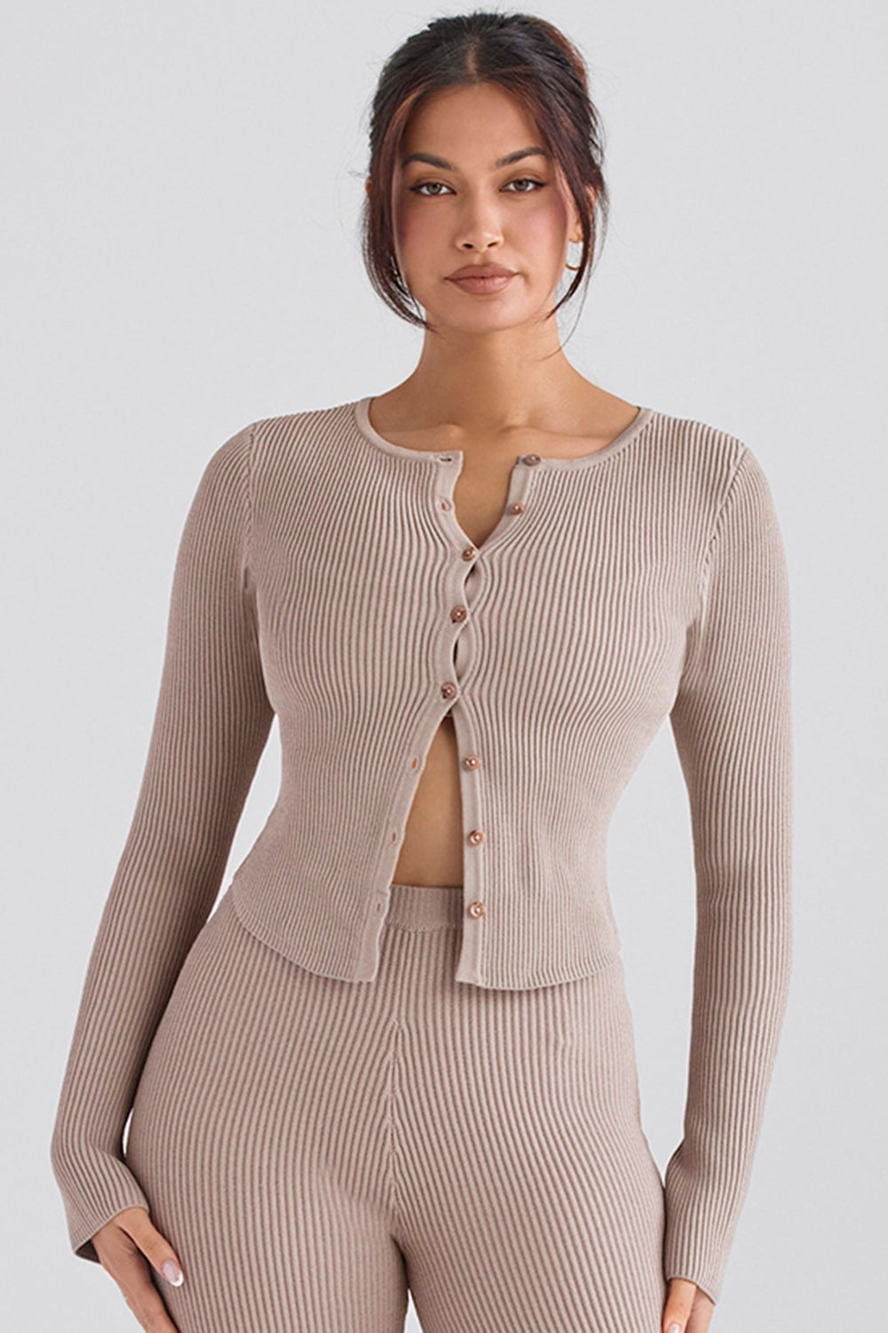 Sylvia Taupe Ribbed Knit Cardigan