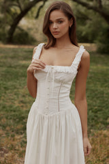 Phoebe White Cotton Broderie Anglaise Trim Midi Dress