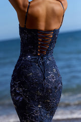 Naima Navy Hand Beaded Embellished Corset Maxi Dress