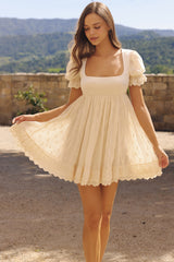 Bambi Ivory Satin + Broderie Anglaise Lace Regency Babydoll Mini Dress