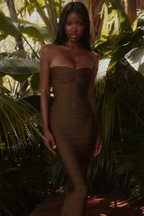 The Sweetheart Olive Shimmer Strapless V Waist Bandage Maxi Dress