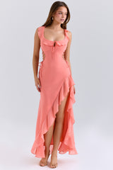 Aloura Coral Georgette Ruffle Maxi Dress