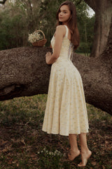 Jaime Lemon Floral Print Cotton Lace Up Midi Sundress