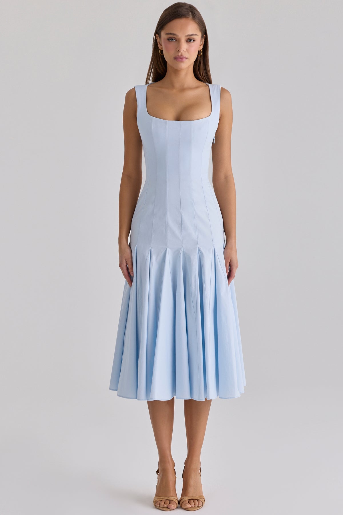 Soretta Blue Pleated Lace Up Cotton Midi Dress