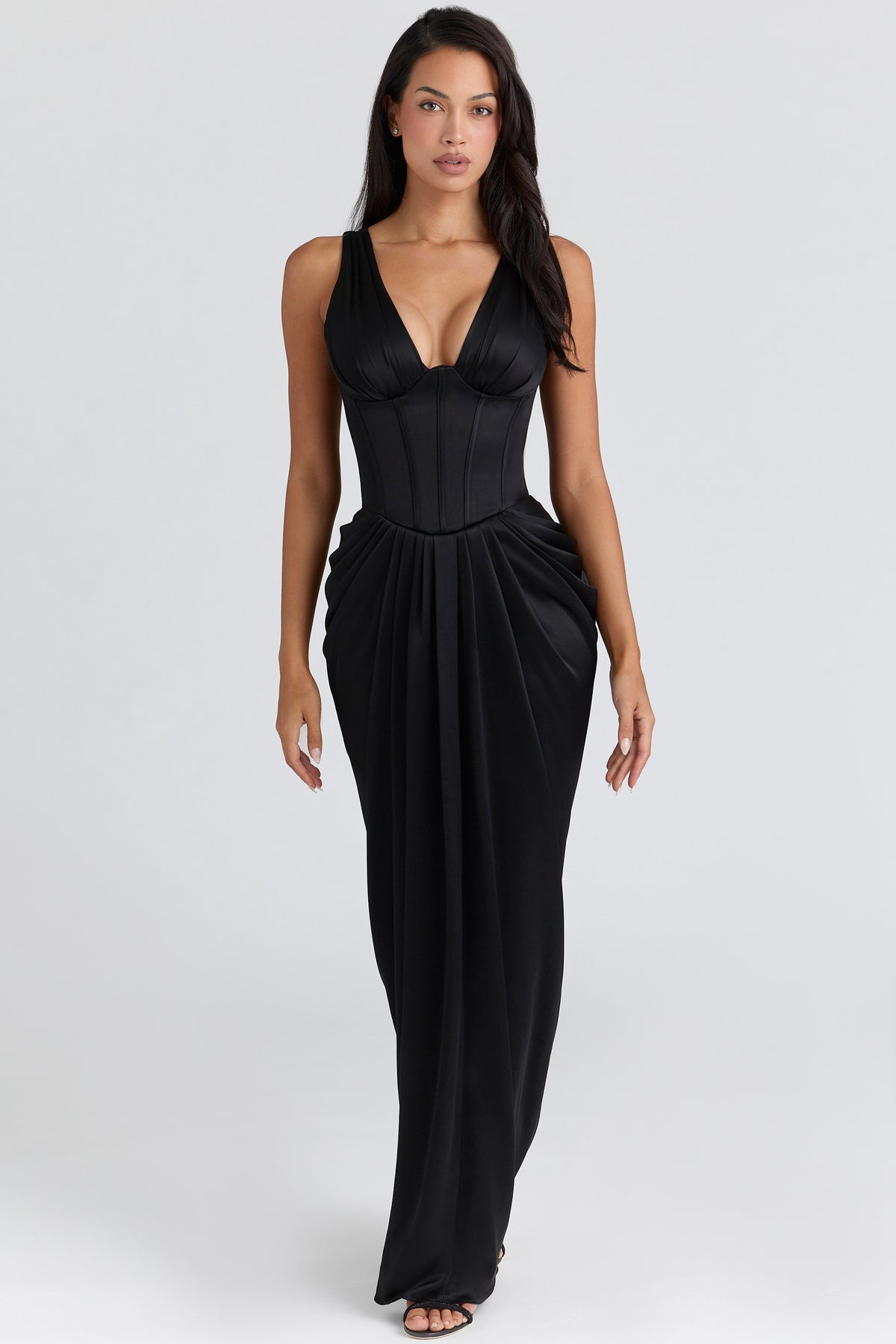 Angeline Black Satin Hourglass Maxi Dress - Limited Edition