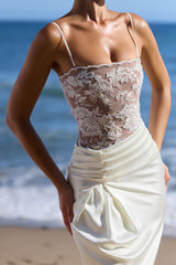 Eliette White Embellished Lace and Satin Maxi Dress