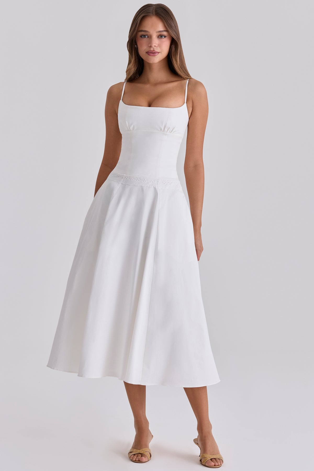 Liora White Cotton Broderie Anglaise Trim Midi Sundress