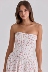 Gina White Rose Print Strapless Cotton Maxi Dress