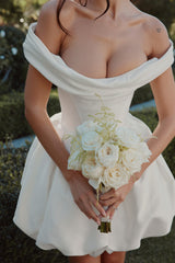Leonora Ivory Satin Off Shoulder Mini Bridal Gown