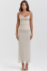 Nalini Sand Stretch Mesh Maxi Dress