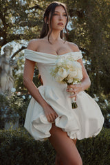 Leonora Ivory Satin Off Shoulder Mini Bridal Gown