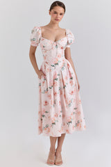 Lulabell Peach Floral Cotton Puff Sleeve Midi Dress