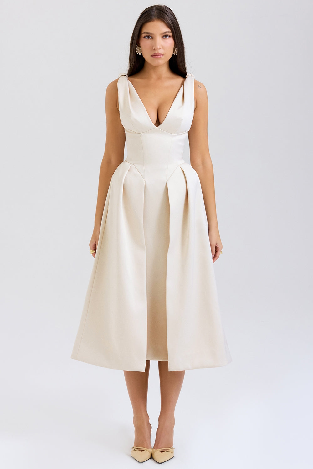 Paloma Vintage Cream Satin Pleated Midi Dress