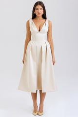 Paloma Vintage Cream Satin Pleated Midi Dress