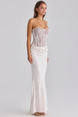 Ayana White Lace + Satin Maxi Corset Dress