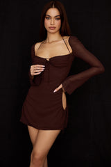 Baby Chocolate Chiffon Cutout Halter Mini Dress