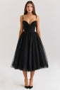 Countess Black Tulle Ruched Bodice Midi Dress