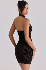 Natalya Black Lace High Neck Mini Dress With Detachable Bow