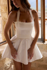 Cosette White Broderie Anglais + Cotton Halter Neck Mini Dress