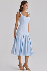 Soretta Blue Pleated Lace Up Cotton Midi Dress