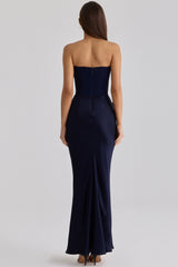 Persephone Navy Satin + Crepe Strapless Corset Maxi Dress