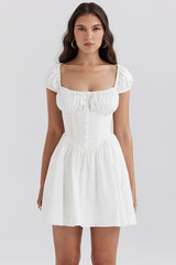 Nala White Cotton Gathered Mini Dress