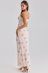 Lini Ivory Sweet Peony Print Stretch Mesh Maxi Dress