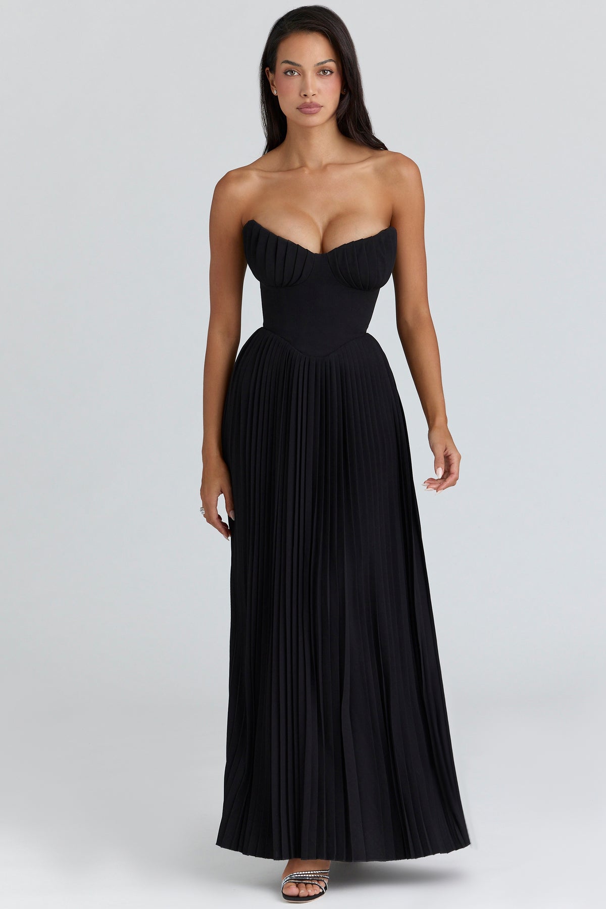 Marcella Black Georgette Pleated Maxi Dress