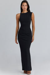 Keoni Black Asymmetric Draped Maxi Dress