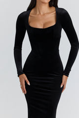 Asha Black Velvet Silhouette Midi Dress