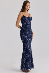 Naima Navy Hand Beaded Embellished Corset Maxi Dress