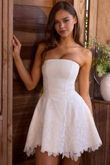 Jemima White Strapless Custom Lace Broderie Anglaise Mini Dress