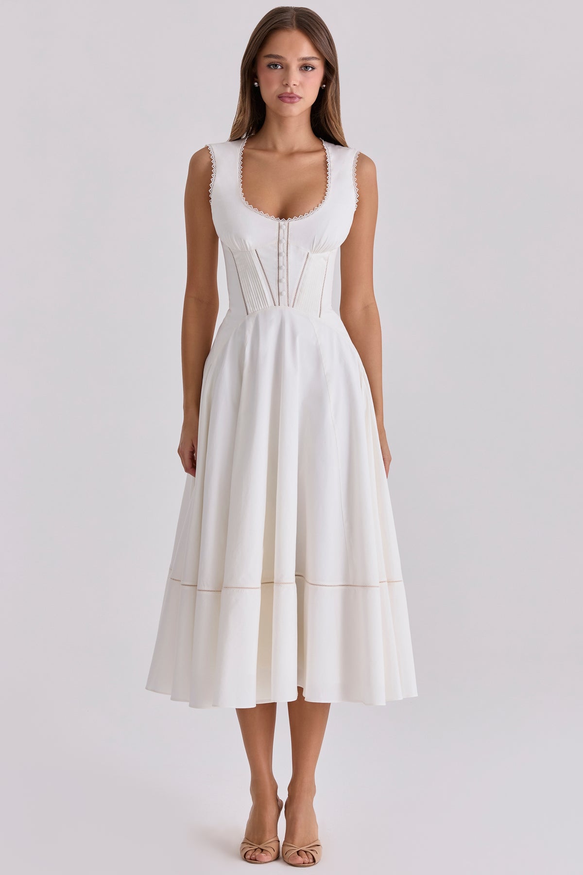 Solana White Cotton Waist Cinch Midi Sundress