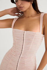 Cate Crystal Ruched Mesh Mini Dress