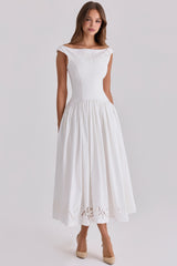 Lauren White Cotton Broderie Anglaise Boat Neck Maxi Dress