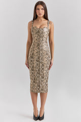 Gracie Snakeskin Print Vegan Leather Midi Dress