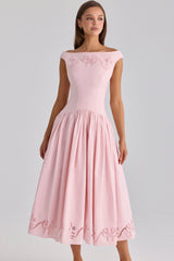 Lauren Pink Cotton Broderie Anglaise Boat Neck Maxi Dress