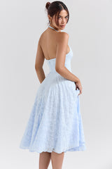 Arietta Bluebell Floral Jacquard Halter Midi Dress