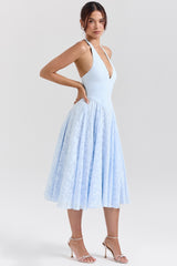Arietta Bluebell Floral Jacquard Halter Midi Dress