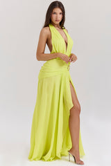 Olessia Acid Lime Backless Halter Maxi Dress