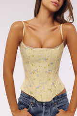 Cadie Lemon Floral Print Cotton Waist Cinch Corset Top